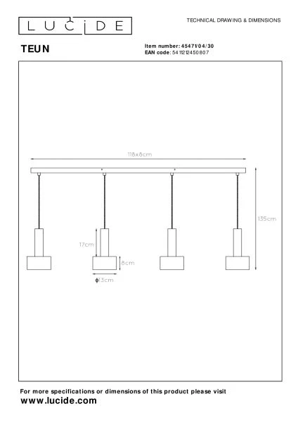 Lucide TEUN - Hanglamp - 4xE27 - Zwart - technisch